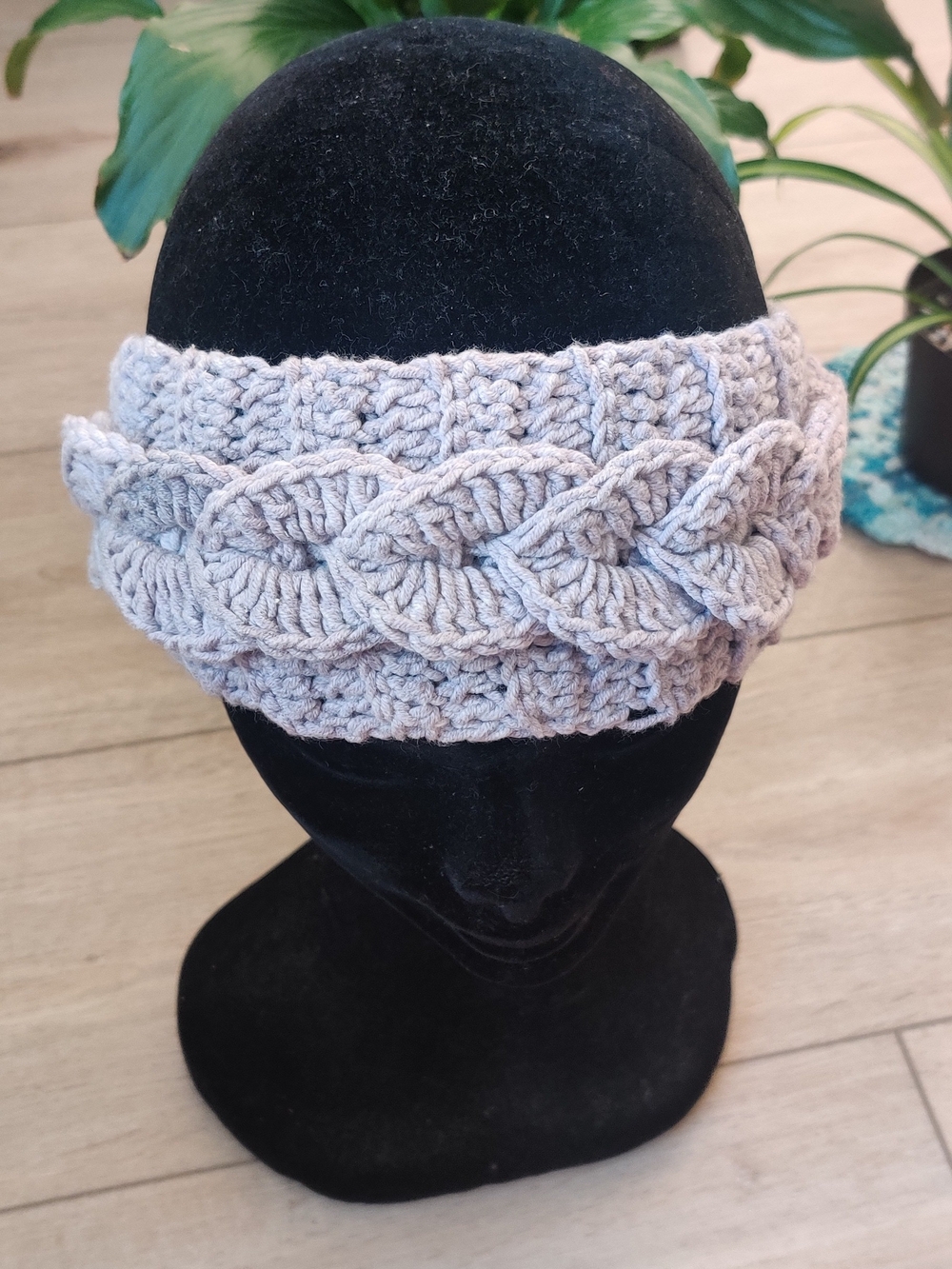 Hand-Crocheted Cotton Ear Warmer – Braided Texture – Lavender - Picture 3 of 5